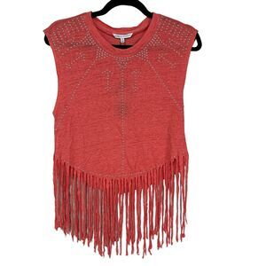Rebecca Minkoff Gemini Fringe Beaded Linen Top Orange Women's XS NWT